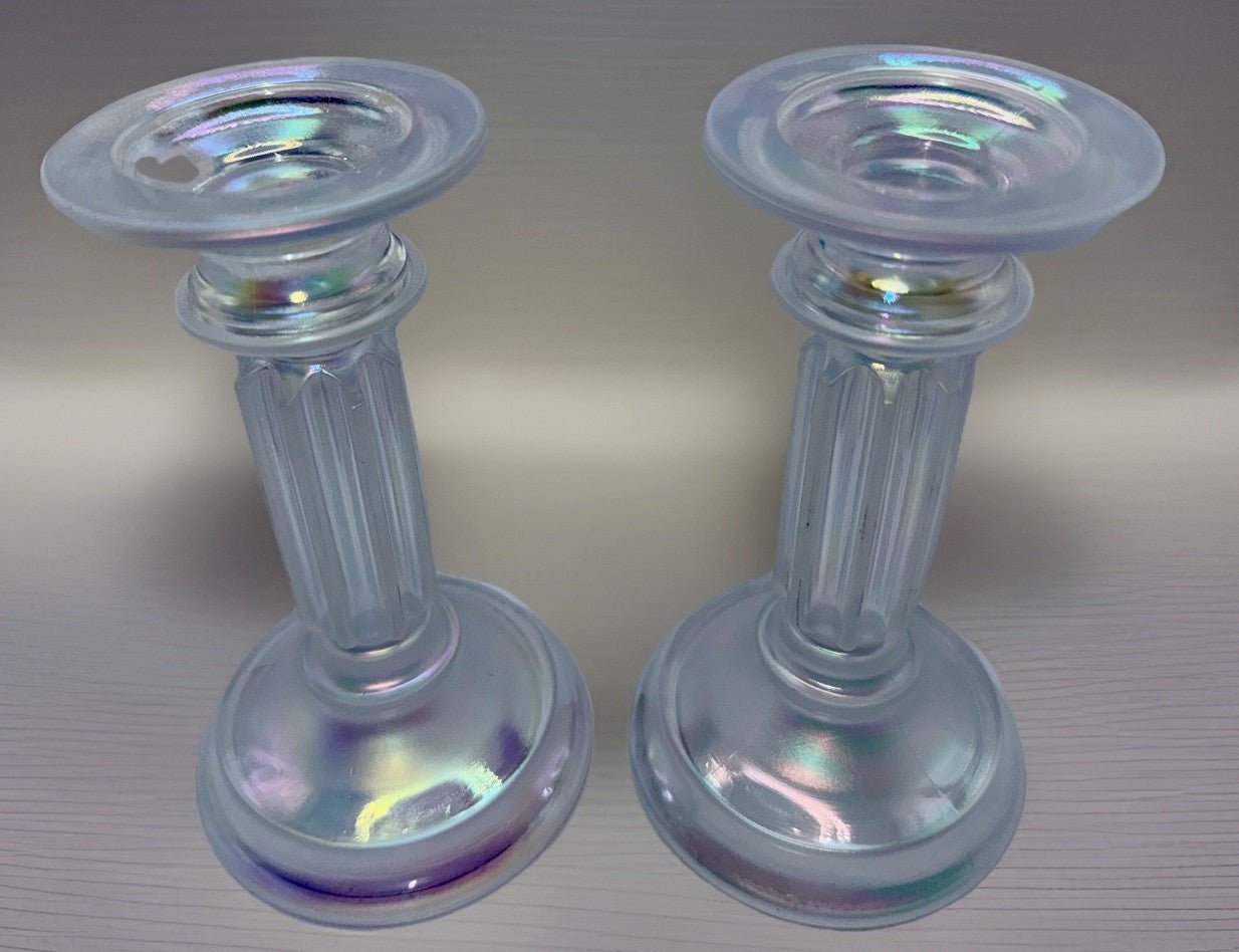 Fenton Rainbow Ice Iridescent Glass Candlesticks Pair Opalescent Vertical Flutes - AntiquesEtceteraFenton Rainbow Ice Iridescent Glass Candlesticks Pair Opalescent Vertical FlutesFentonAntiquesEtcetera