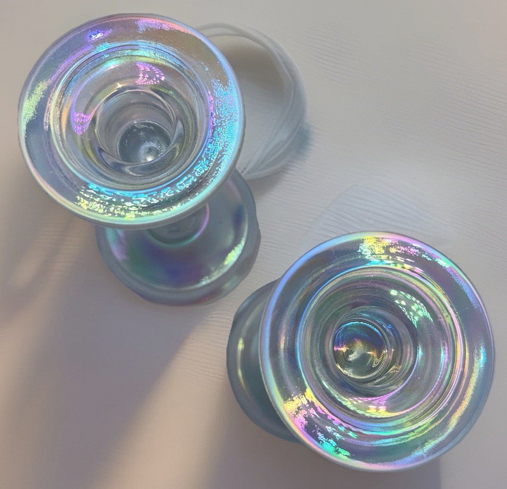 Fenton Rainbow Ice Iridescent Glass Candlesticks Pair Opalescent Vertical Flutes - AntiquesEtceteraFenton Rainbow Ice Iridescent Glass Candlesticks Pair Opalescent Vertical FlutesFentonAntiquesEtcetera