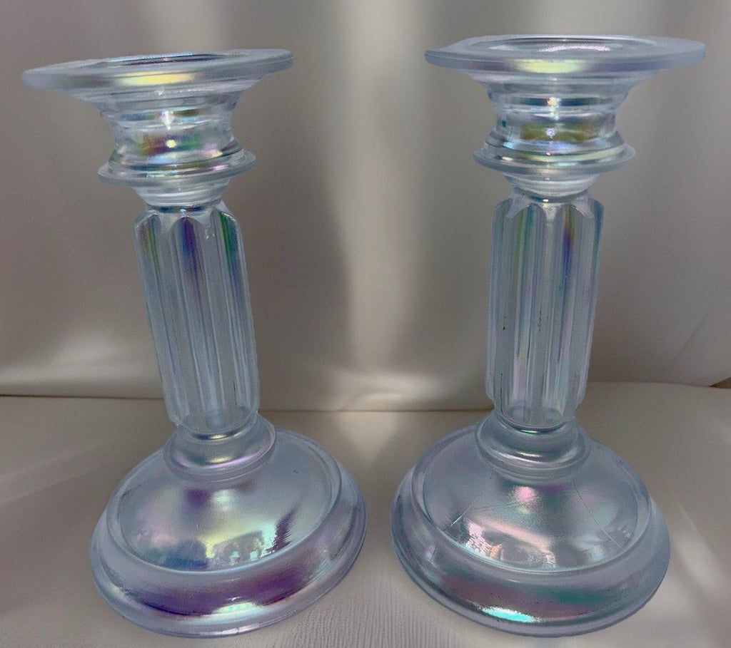 Fenton Rainbow Ice Iridescent Glass Candlesticks Pair Opalescent Vertical Flutes - AntiquesEtceteraFenton Rainbow Ice Iridescent Glass Candlesticks Pair Opalescent Vertical FlutesFentonAntiquesEtcetera