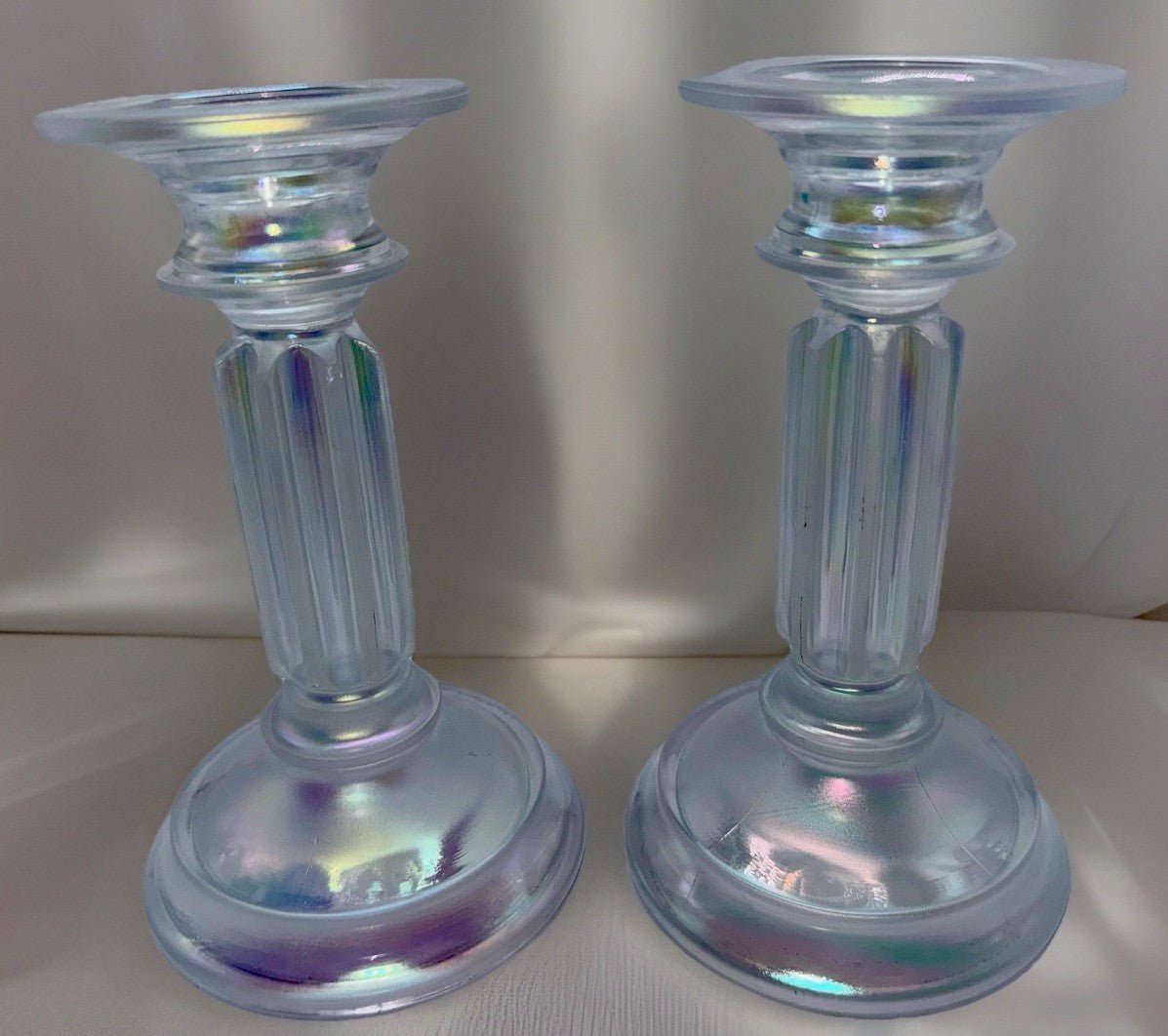Fenton Rainbow Ice Iridescent Glass Candlesticks Pair Opalescent Vertical Flutes - AntiquesEtceteraFenton Rainbow Ice Iridescent Glass Candlesticks Pair Opalescent Vertical FlutesFentonAntiquesEtcetera