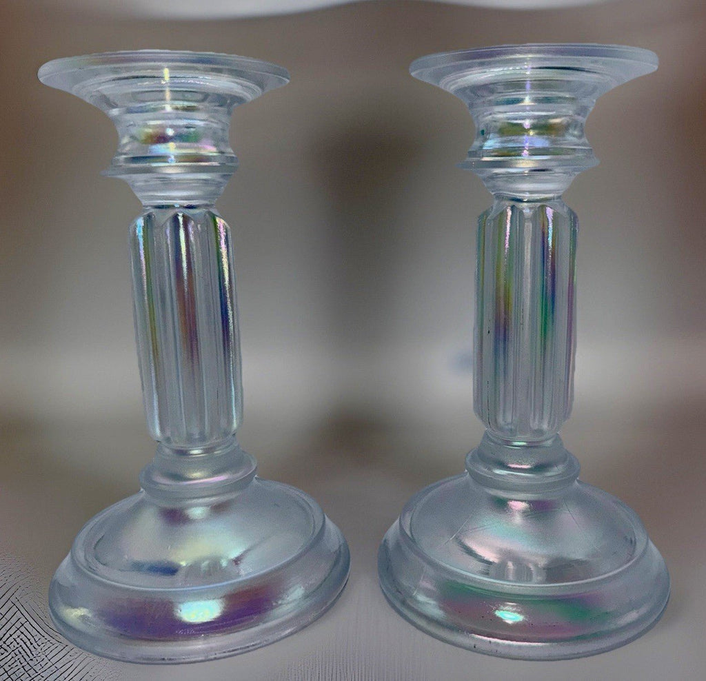 Fenton Rainbow Ice Iridescent Glass Candlesticks Pair Opalescent Vertical Flutes - AntiquesEtceteraFenton Rainbow Ice Iridescent Glass Candlesticks Pair Opalescent Vertical FlutesFentonAntiquesEtcetera
