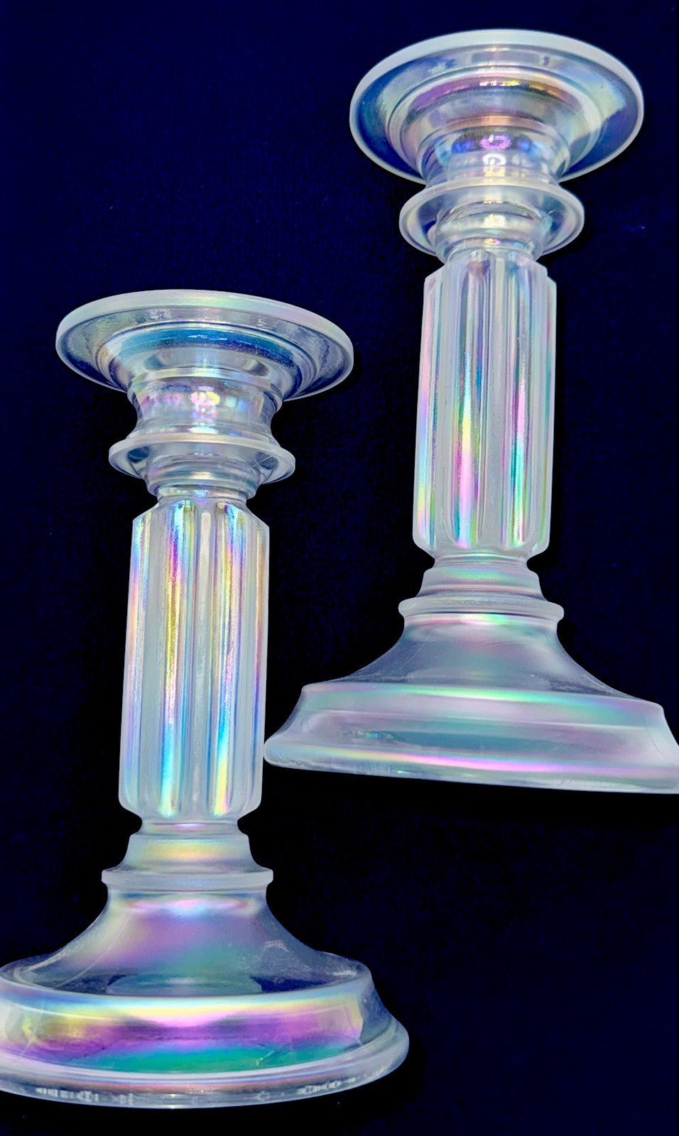 Fenton Rainbow Ice Iridescent Glass Candlesticks Pair Opalescent Vertical Flutes - AntiquesEtceteraFenton Rainbow Ice Iridescent Glass Candlesticks Pair Opalescent Vertical FlutesFentonAntiquesEtcetera