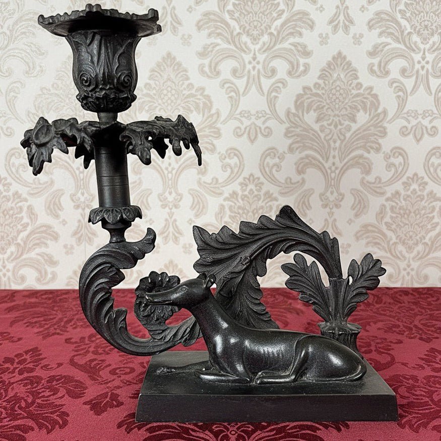 Figural Whippet Sculpture Candle Holder Art Nouveau Candlestick BronzeAntiquesEtcetera