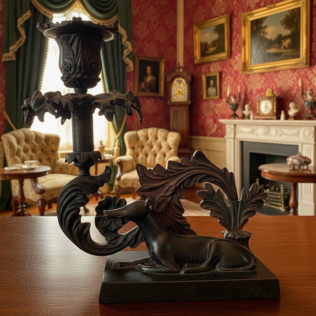 Figural Whippet Sculpture Candle Holder Art Nouveau Candlestick BronzeAntiquesEtcetera