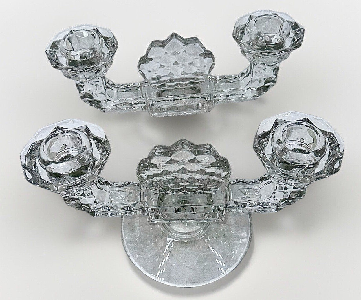 Fostoria America Pair of Candle Holders Cubist Art Deco 2 Lights Each Lovely - AntiquesEtceteraFostoria America Pair of Candle Holders Cubist Art Deco 2 Lights Each LovelyL.E. SmithAntiquesEtcetera