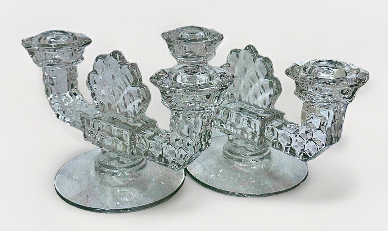 Fostoria America Pair of Candle Holders Cubist Art Deco 2 Lights Each Lovely - AntiquesEtceteraFostoria America Pair of Candle Holders Cubist Art Deco 2 Lights Each LovelyL.E. SmithAntiquesEtcetera