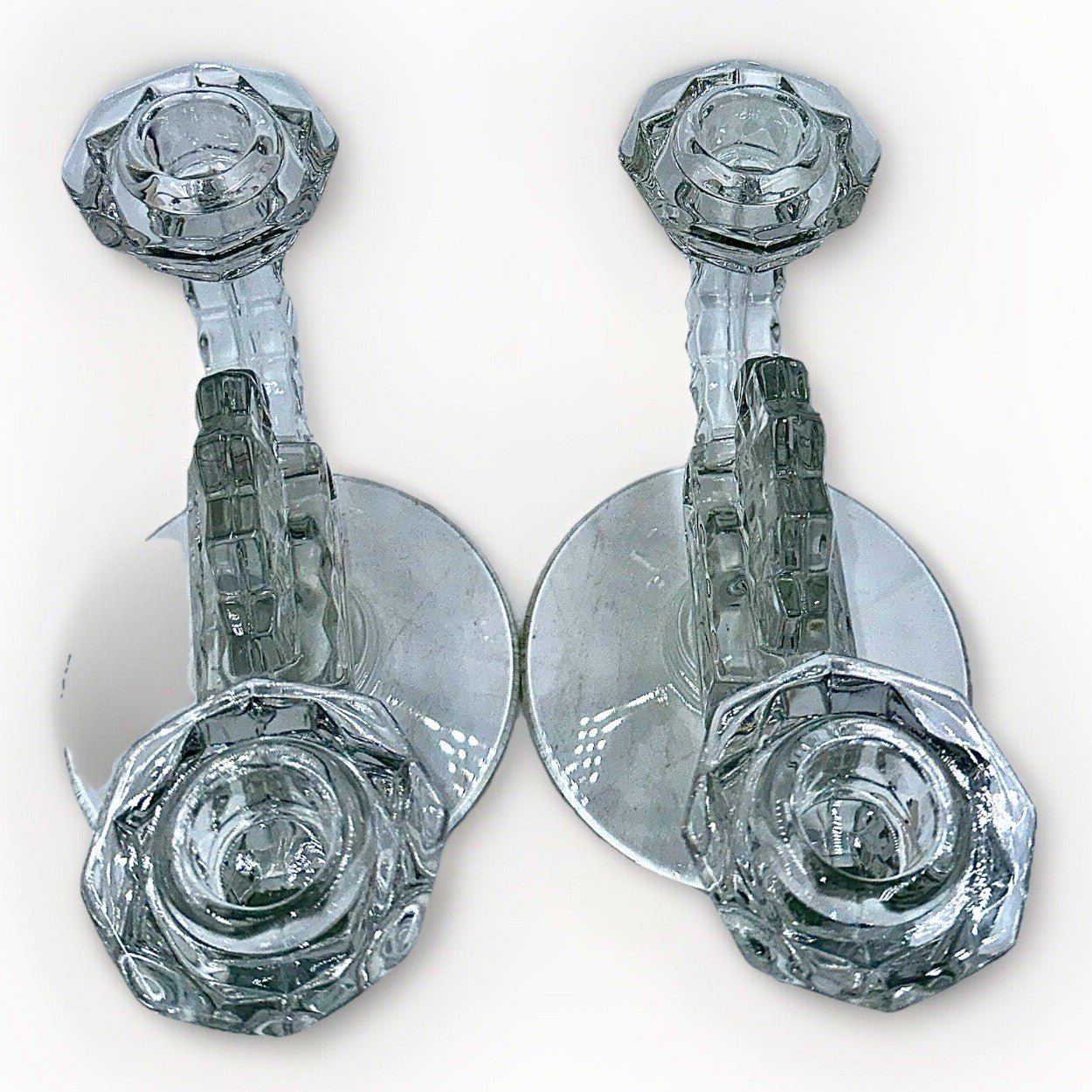 Fostoria America Pair of Candle Holders Cubist Art Deco 2 Lights Each Lovely - AntiquesEtceteraFostoria America Pair of Candle Holders Cubist Art Deco 2 Lights Each LovelyL.E. SmithAntiquesEtcetera
