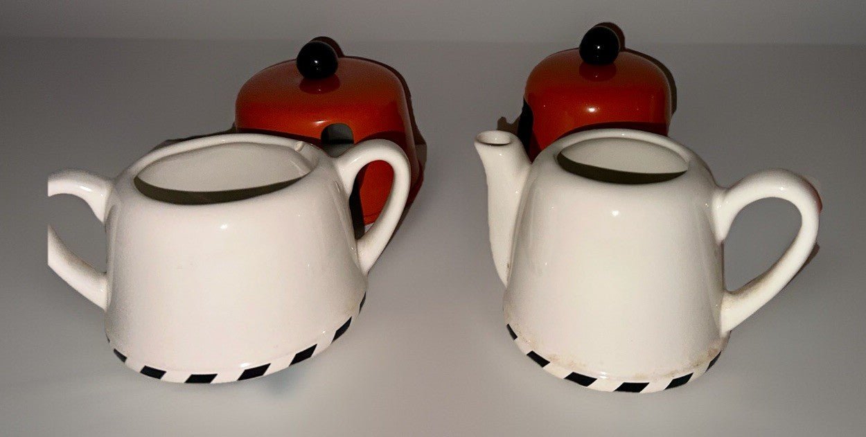 Geoffrey Beene Swid Powell Tea Set with Pot, Sugar, Creamer Insulated Orange Tin - AntiquesEtceteraGeoffrey Beene Swid Powell Tea Set with Pot, Sugar, Creamer Insulated Orange TinSwid PowellAntiquesEtcetera