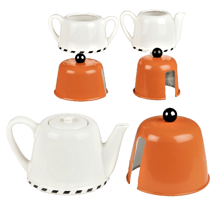 Geoffrey Beene Swid Powell Tea Set with Pot, Sugar, Creamer Insulated Orange Tin - AntiquesEtceteraGeoffrey Beene Swid Powell Tea Set with Pot, Sugar, Creamer Insulated Orange TinSwid PowellAntiquesEtcetera