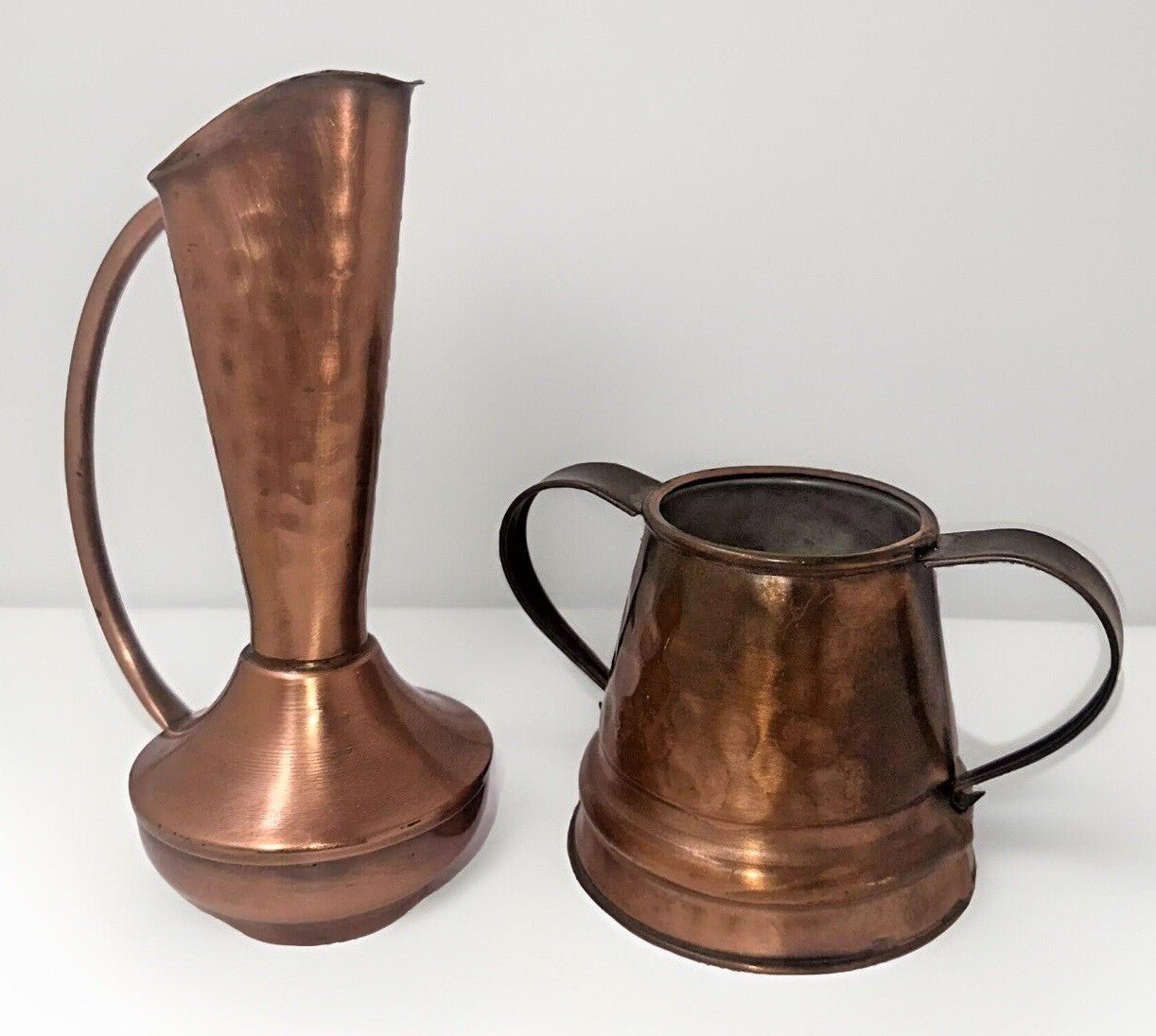 Gregorian Hammered Copper Ewer 7" Sugar Double Handled Vintage Signed - AntiquesEtceteraGregorian Hammered Copper Ewer 7" Sugar Double Handled Vintage SignedGregorianAntiquesEtcetera
