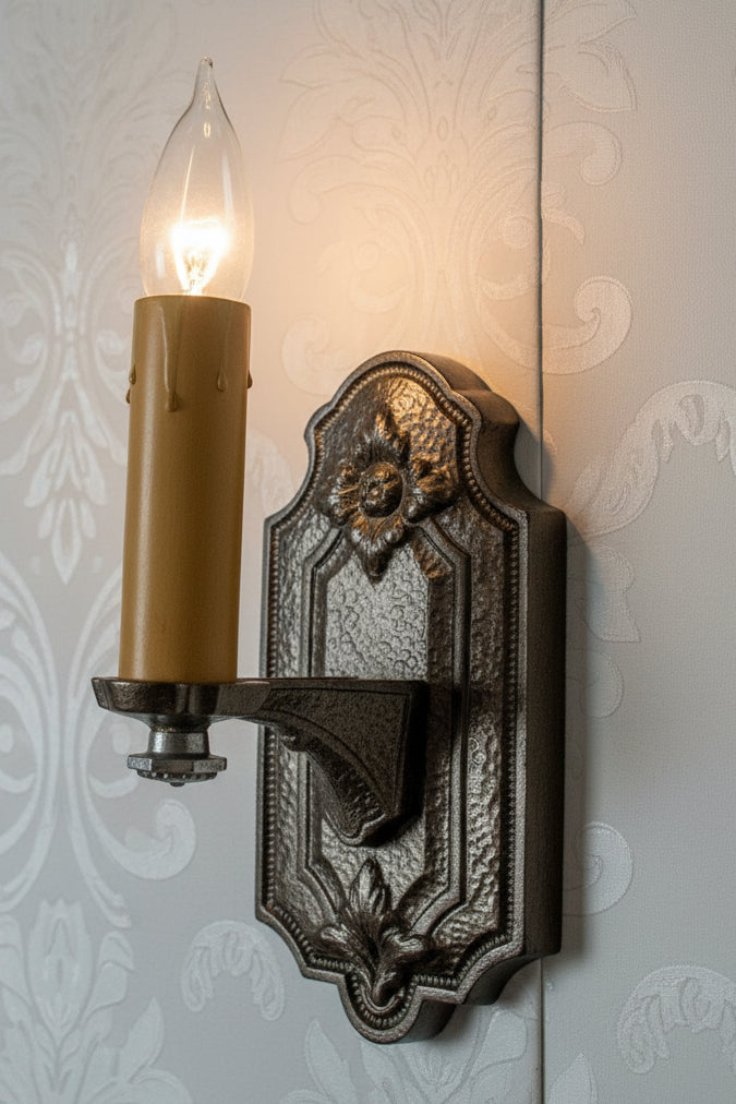 Hammered Iron Candelabra Wall Sconce ARTCRAFT Fixture Rewired Antique LightAntiquesEtcetera