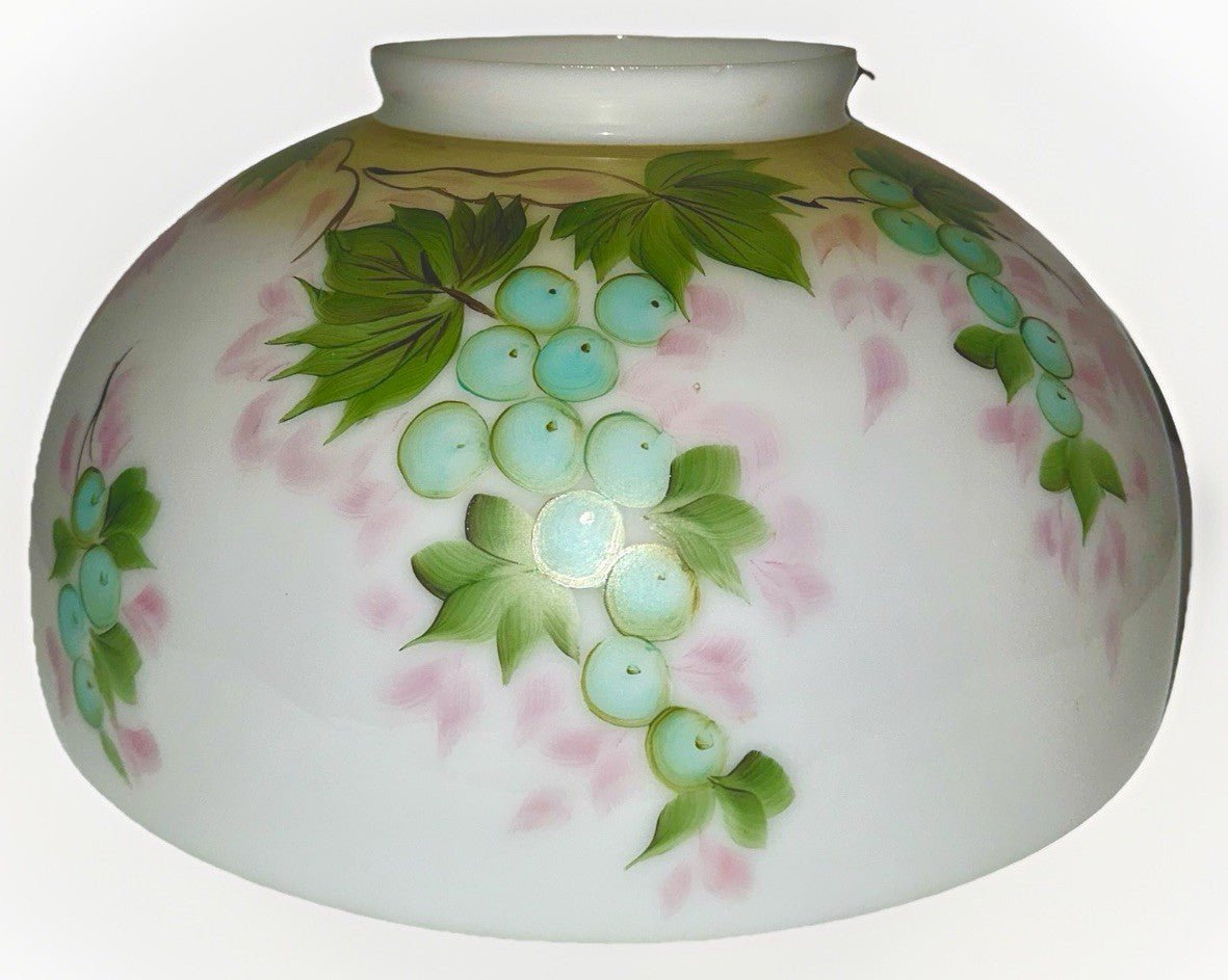 Hanging Kerosene Oil Lamp 14" Shade with Grape Vine Motif 13 3/4" Rim - AntiquesEtceteraHanging Kerosene Oil Lamp 14" Shade with Grape Vine Motif 13 3/4" RimAntique LightingAntiquesEtceteraAntiquesEtcetera
