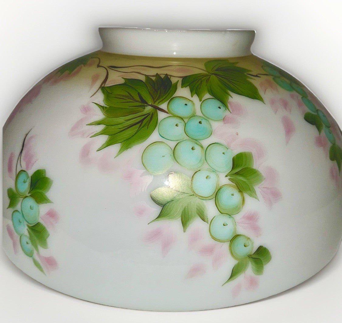 Hanging Kerosene Oil Lamp 14" Shade with Grape Vine Motif 13 3/4" Rim - AntiquesEtceteraHanging Kerosene Oil Lamp 14" Shade with Grape Vine Motif 13 3/4" RimAntique LightingAntiquesEtceteraAntiquesEtcetera