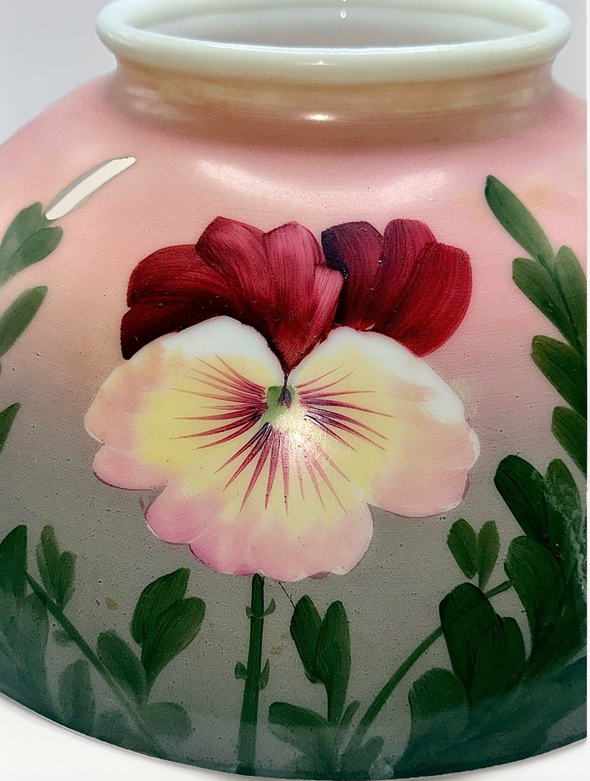 Hanging Oil Kerosene Lamp Shade Pansy Motif Opal Glass for 14" Fitter - Antique - AntiquesEtceteraHanging Oil Kerosene Lamp Shade Pansy Motif Opal Glass for 14" Fitter - AntiqueAntique LightingAntiquesEtceteraAntiquesEtcetera