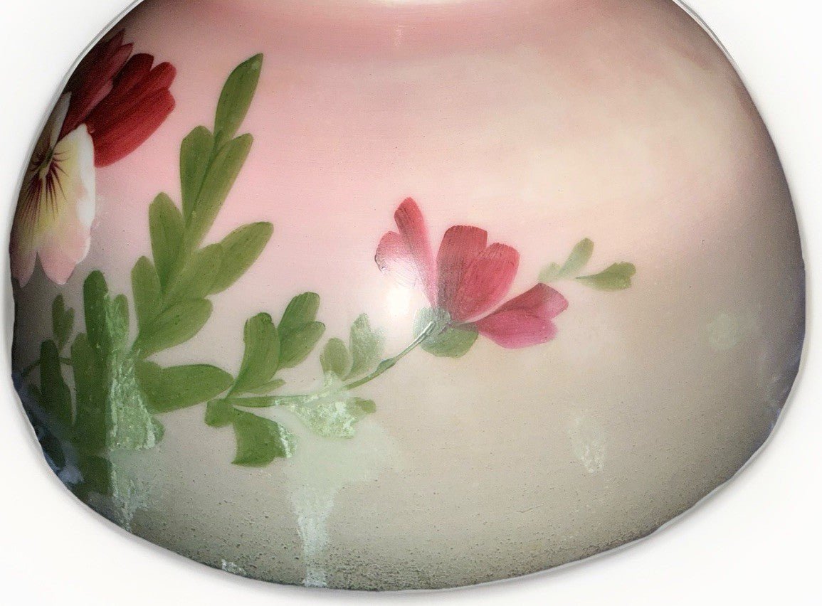 Hanging Oil Kerosene Lamp Shade Pansy Motif Opal Glass for 14" Fitter - Antique - AntiquesEtceteraHanging Oil Kerosene Lamp Shade Pansy Motif Opal Glass for 14" Fitter - AntiqueAntique LightingAntiquesEtceteraAntiquesEtcetera