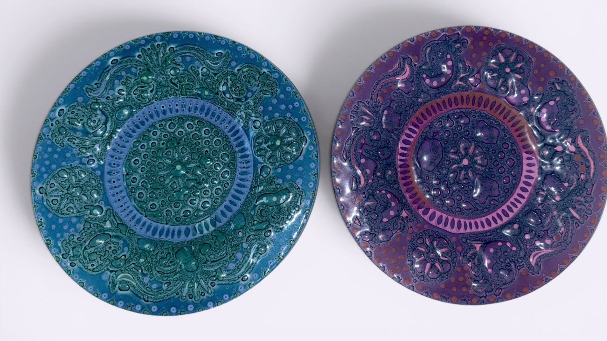 Higgins Fused Art Glass 8 3/8" Luncheon Plates Both Signed Set / 2 ComplementingAntiquesEtcetera