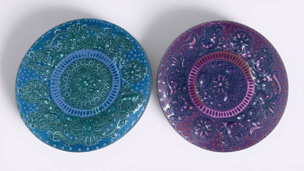Higgins Fused Art Glass 8 3/8" Luncheon Plates Both Signed Set / 2 ComplementingAntiquesEtcetera