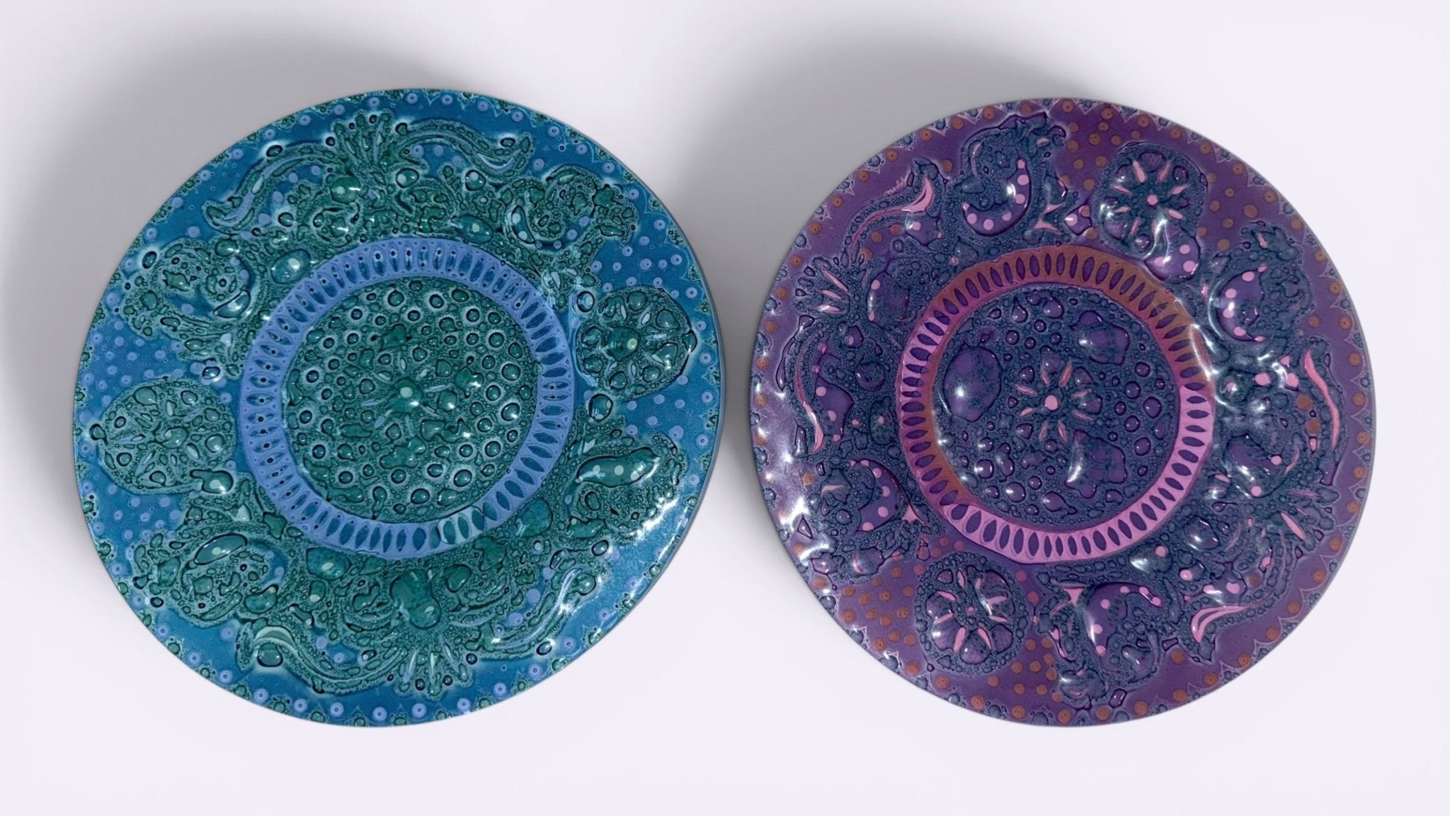 Higgins Fused Art Glass 8 3/8" Luncheon Plates Both Signed Set / 2 ComplementingAntiquesEtcetera