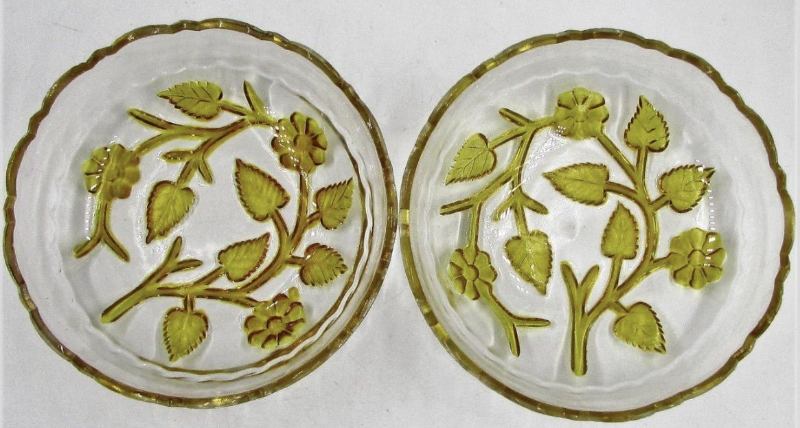 Hobbs Brockunier Glass Leaf Flower Bowl 2 Berry Dishes Amber Intaglio AntiqueAntiquesEtcetera