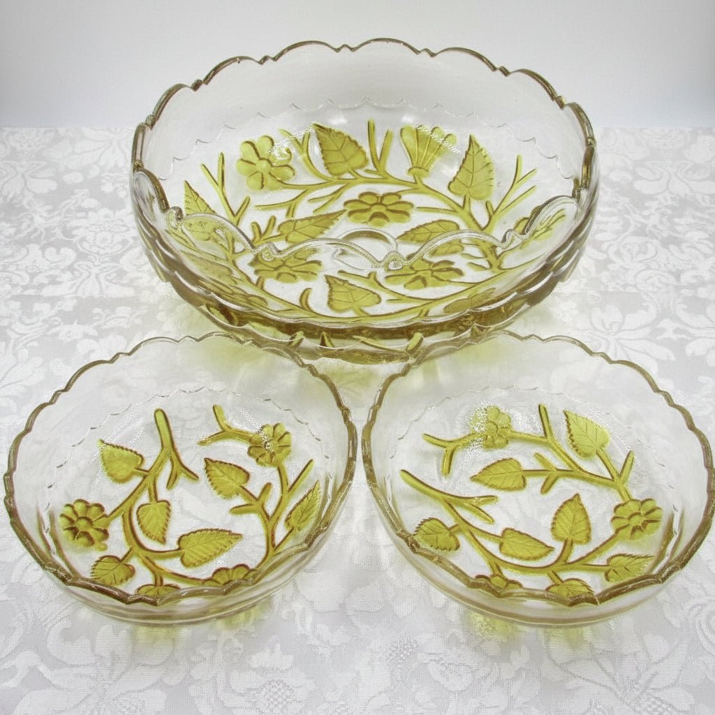 Hobbs Brockunier Glass Leaf Flower Bowl 2 Berry Dishes Amber Intaglio AntiqueAntiquesEtcetera