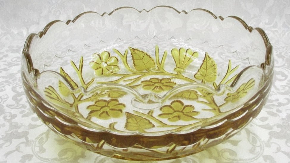 Hobbs Brockunier Glass Leaf Flower Bowl 2 Berry Dishes Amber Intaglio AntiqueAntiquesEtcetera