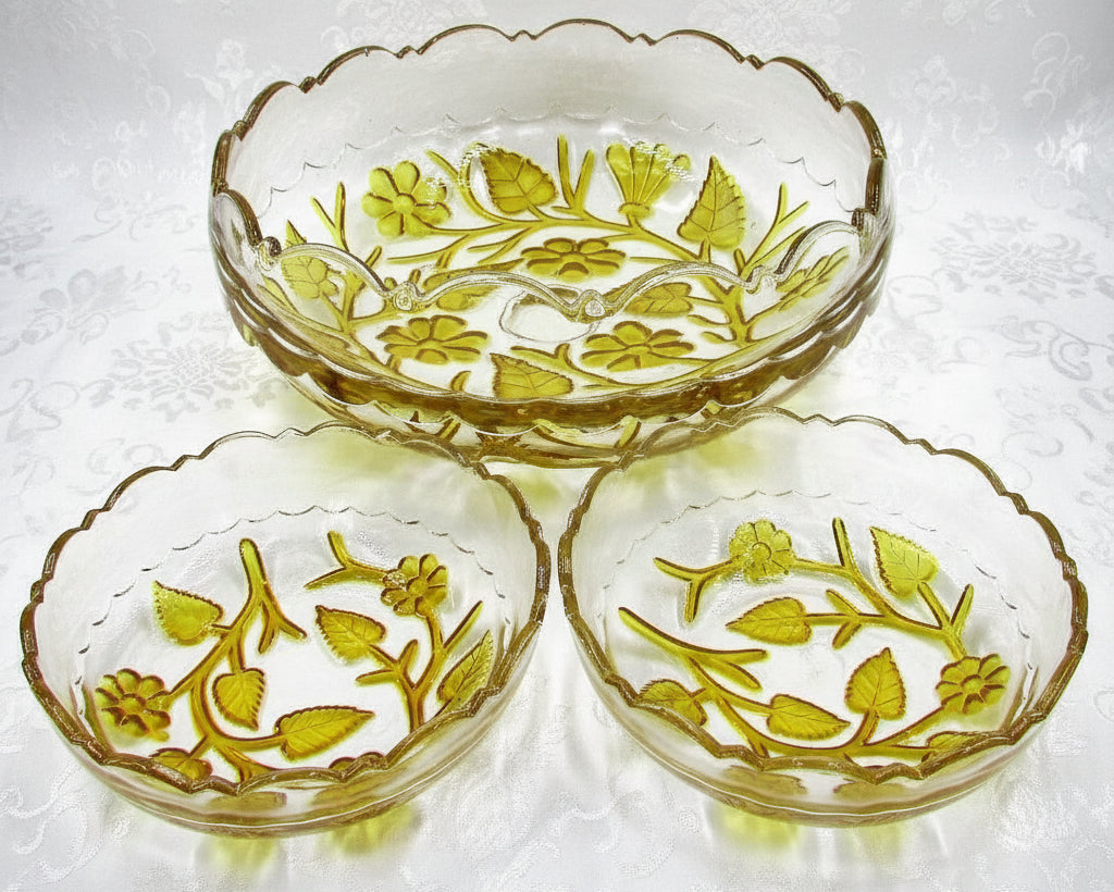 Hobbs Brockunier Glass Leaf Flower Bowl 2 Berry Dishes Amber Intaglio AntiqueAntiquesEtcetera