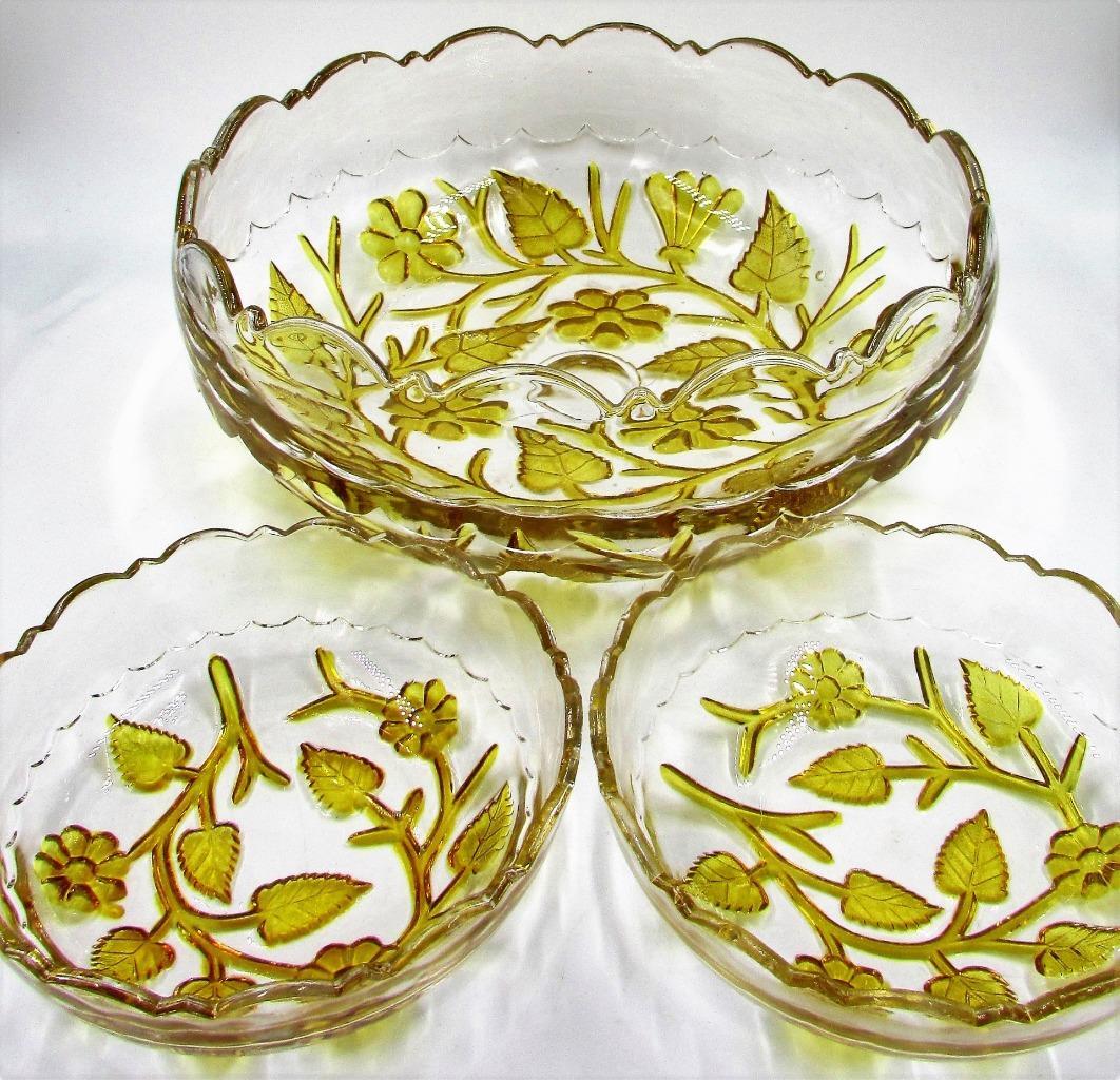 Hobbs Brockunier Glass Leaf Flower Bowl 2 Berry Dishes Amber Intaglio Antique - AntiquesEtceteraHobbs Brockunier Glass Leaf Flower Bowl 2 Berry Dishes Amber Intaglio AntiqueHobbs BrockunierAntiquesEtcetera