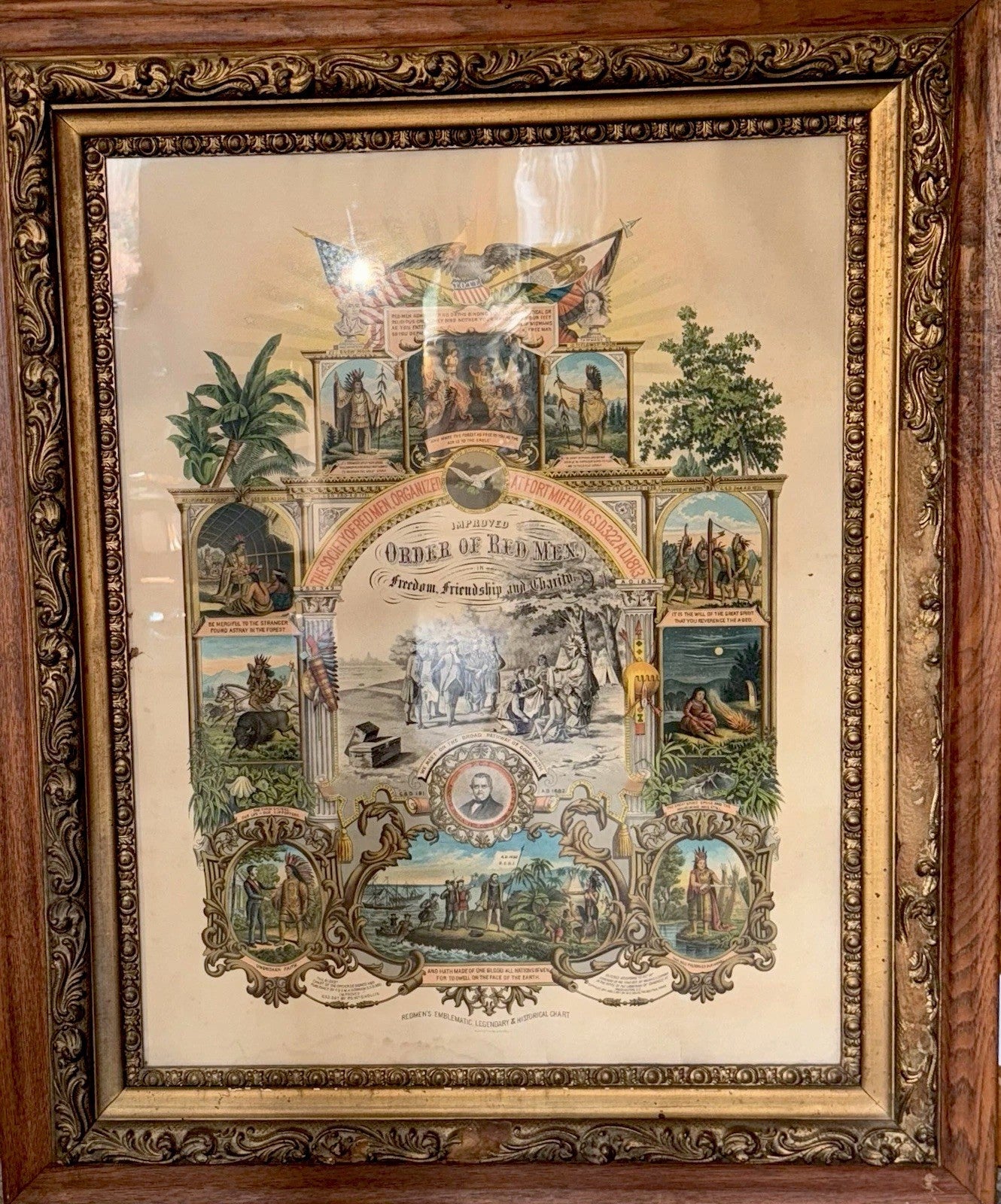 IMPROVED ORDER OF RED MEN 28 x 34" Lithograph HUGE Ornate Antique Frame 1890 CR - AntiquesEtceteraIMPROVED ORDER OF RED MEN 28 x 34" Lithograph HUGE Ornate Antique Frame 1890 CRAntiquesEtceteraAntiquesEtcetera