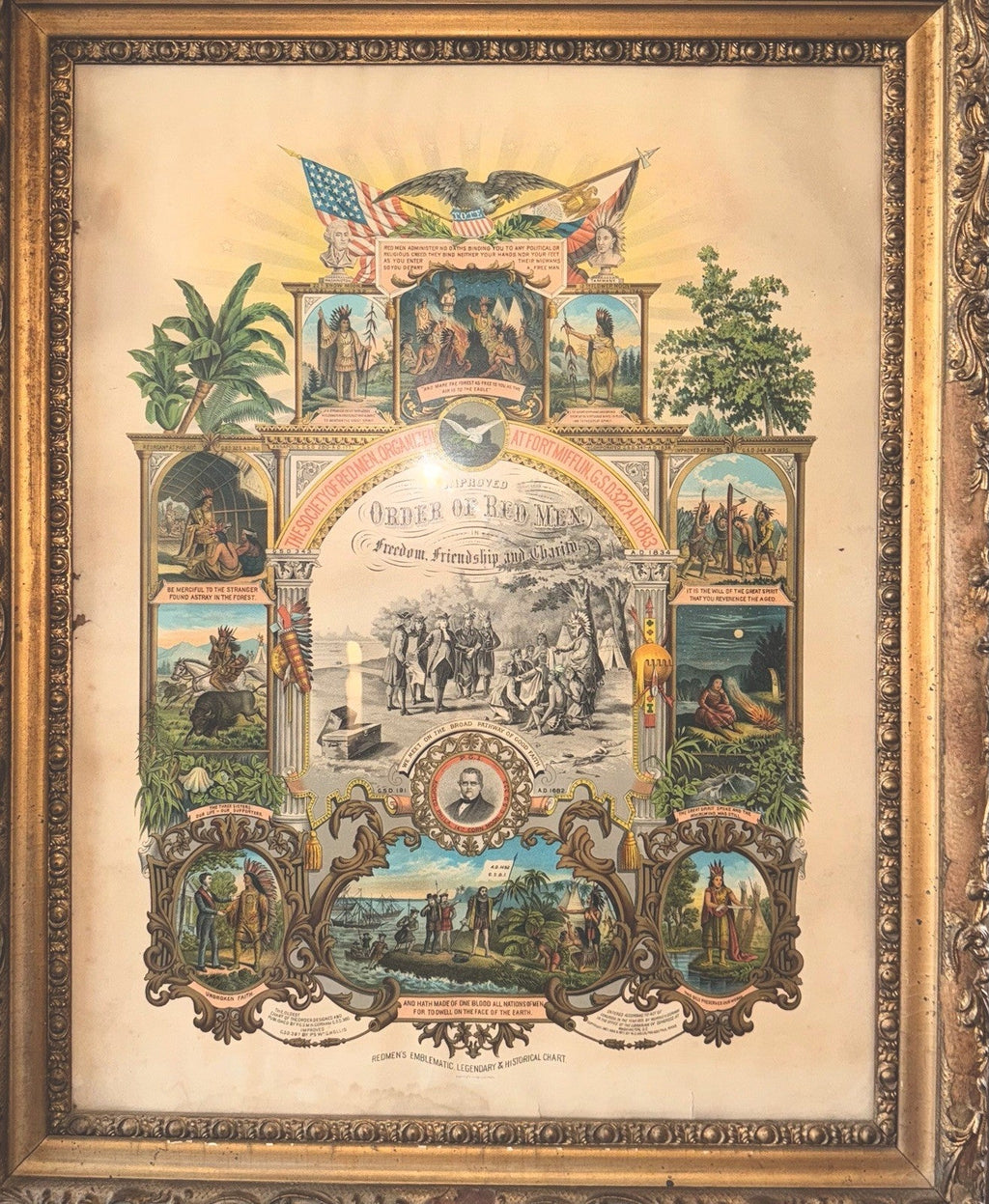 IMPROVED ORDER OF RED MEN 28 x 34" Lithograph HUGE Ornate Antique Frame 1890 CR - AntiquesEtceteraIMPROVED ORDER OF RED MEN 28 x 34" Lithograph HUGE Ornate Antique Frame 1890 CRAntiquesEtceteraAntiquesEtcetera