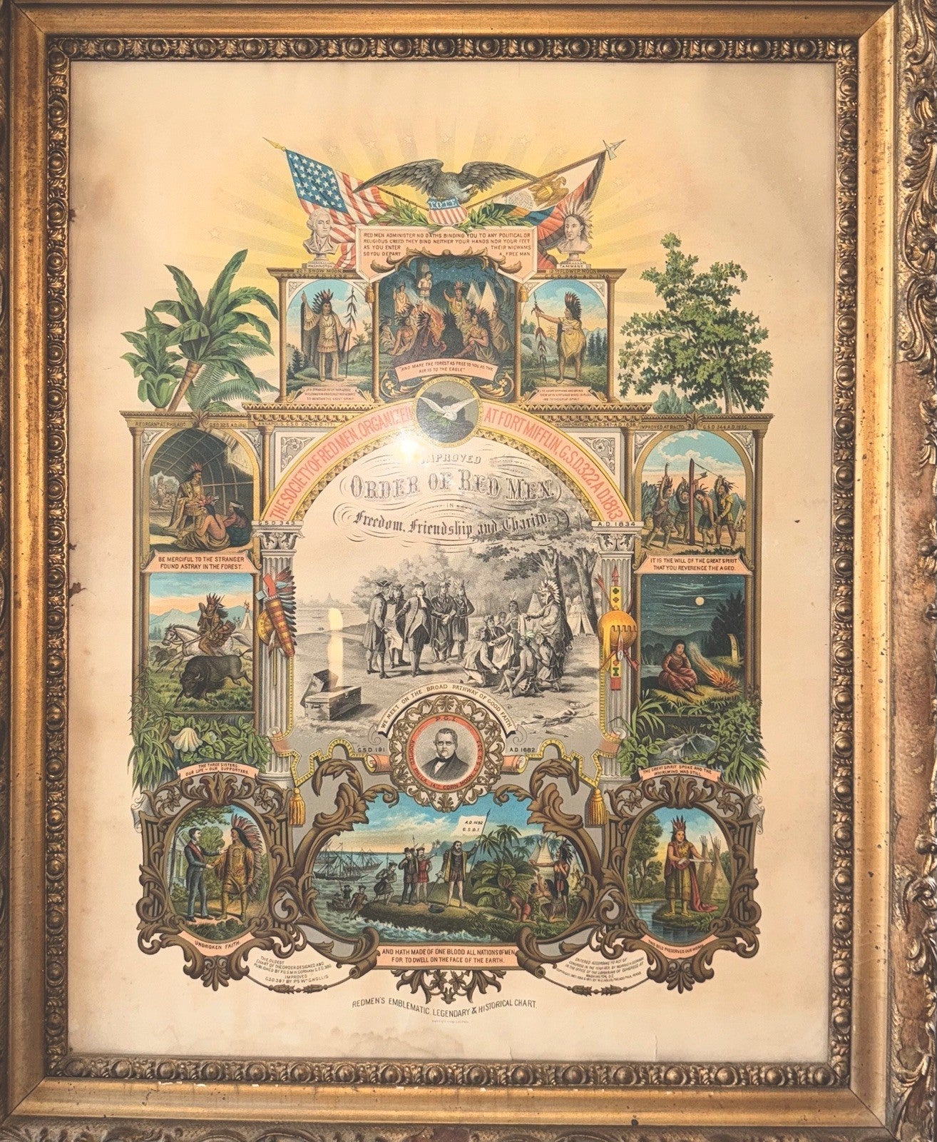 IMPROVED ORDER OF RED MEN 28 x 34" Lithograph HUGE Ornate Antique Frame 1890 CR - AntiquesEtceteraIMPROVED ORDER OF RED MEN 28 x 34" Lithograph HUGE Ornate Antique Frame 1890 CRAntiquesEtceteraAntiquesEtcetera