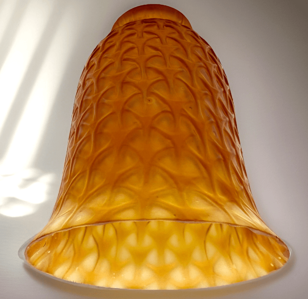 Iridescent Amber Glass Celtic Lamp Shade 6" High Lovely Rare Geometric Pattern - AntiquesEtceteraIridescent Amber Glass Celtic Lamp Shade 6" High Lovely Rare Geometric PatternUnbrandedAntiquesEtcetera