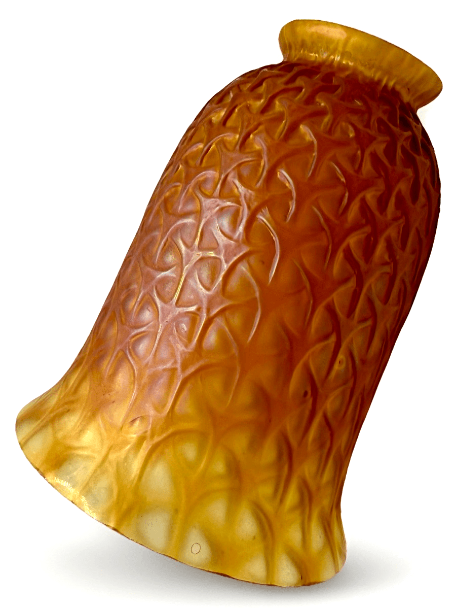 Iridescent Amber Glass Celtic Lamp Shade 6" High Lovely Rare Geometric Pattern - AntiquesEtceteraIridescent Amber Glass Celtic Lamp Shade 6" High Lovely Rare Geometric PatternUnbrandedAntiquesEtcetera