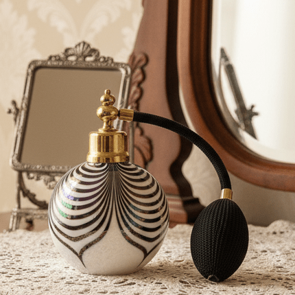 Iridescent Art Glass Perfume Atomizer Vibrant Peacock / Pulled Feather MotifAntiquesEtcetera
