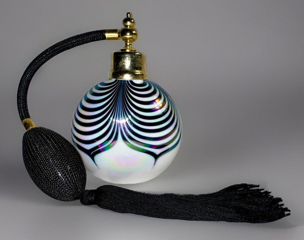 Iridescent Art Glass Perfume Atomizer Vibrant Peacock / Pulled Feather Motif - AntiquesEtceteraIridescent Art Glass Perfume Atomizer Vibrant Peacock / Pulled Feather MotifAntiquesEtceteraAntiquesEtcetera
