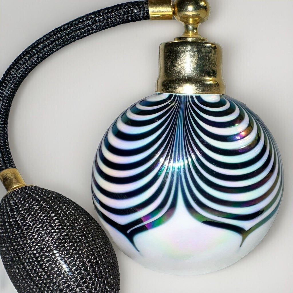 Iridescent Art Glass Perfume Atomizer Vibrant Peacock / Pulled Feather Motif - AntiquesEtceteraIridescent Art Glass Perfume Atomizer Vibrant Peacock / Pulled Feather MotifAntiquesEtceteraAntiquesEtcetera