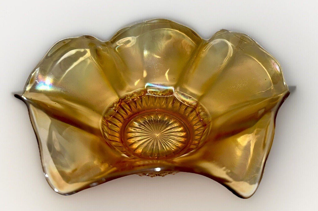 Iridescent Marigold Carnival Glass Bowl Stretch Rim with Accordion Ruffled Base - AntiquesEtceteraIridescent Marigold Carnival Glass Bowl Stretch Rim with Accordion Ruffled BaseUnmarkedAntiquesEtcetera