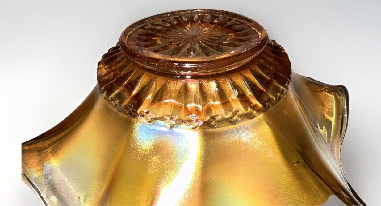 Iridescent Marigold Carnival Glass Bowl Stretch Rim with Accordion Ruffled Base - AntiquesEtceteraIridescent Marigold Carnival Glass Bowl Stretch Rim with Accordion Ruffled BaseUnmarkedAntiquesEtcetera
