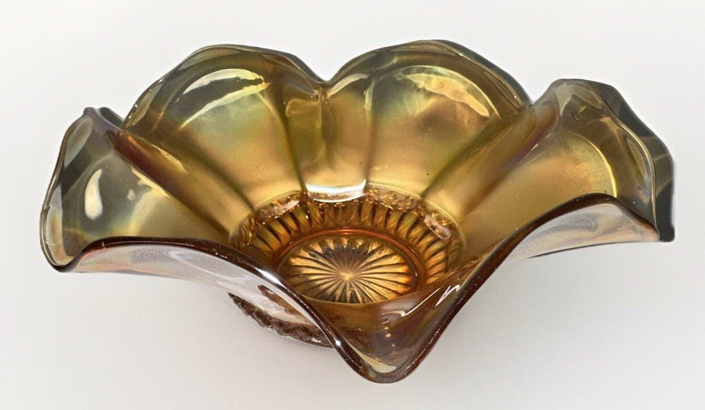 Iridescent Marigold Carnival Glass Bowl Stretch Rim with Accordion Ruffled Base - AntiquesEtceteraIridescent Marigold Carnival Glass Bowl Stretch Rim with Accordion Ruffled BaseUnmarkedAntiquesEtcetera
