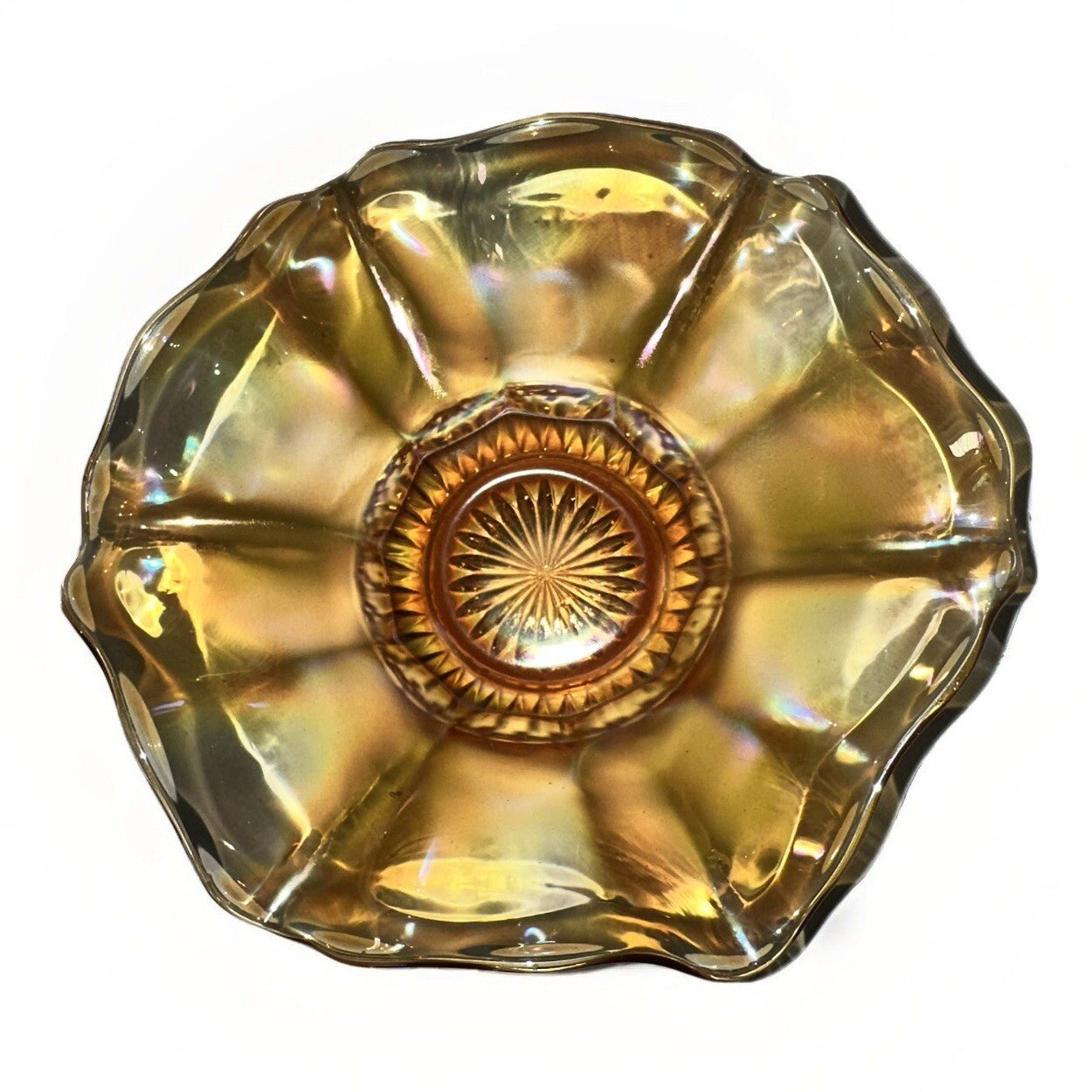 Iridescent Marigold Carnival Glass Bowl Stretch Rim with Accordion Ruffled Base - AntiquesEtceteraIridescent Marigold Carnival Glass Bowl Stretch Rim with Accordion Ruffled BaseUnmarkedAntiquesEtcetera