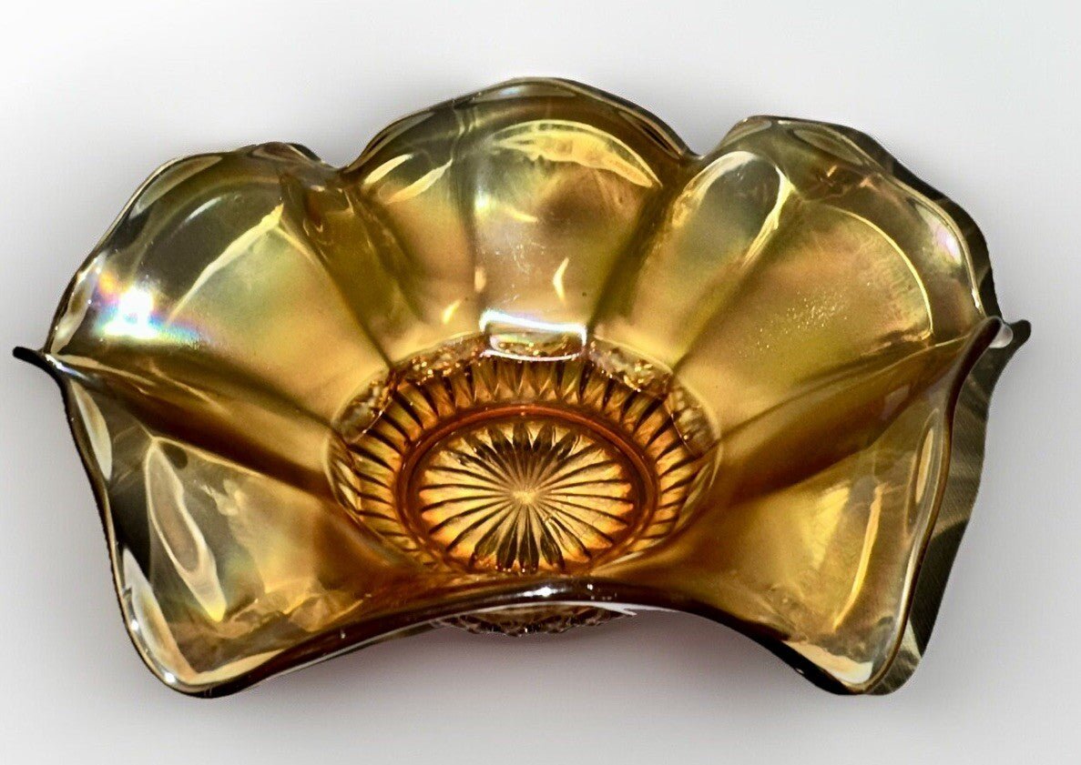 Iridescent Marigold Carnival Glass Bowl Stretch Rim with Accordion Ruffled Base - AntiquesEtceteraIridescent Marigold Carnival Glass Bowl Stretch Rim with Accordion Ruffled BaseUnmarkedAntiquesEtcetera