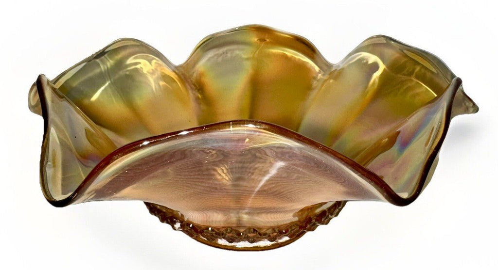 Iridescent Marigold Carnival Glass Bowl Stretch Rim with Accordion Ruffled Base - AntiquesEtceteraIridescent Marigold Carnival Glass Bowl Stretch Rim with Accordion Ruffled BaseUnmarkedAntiquesEtcetera