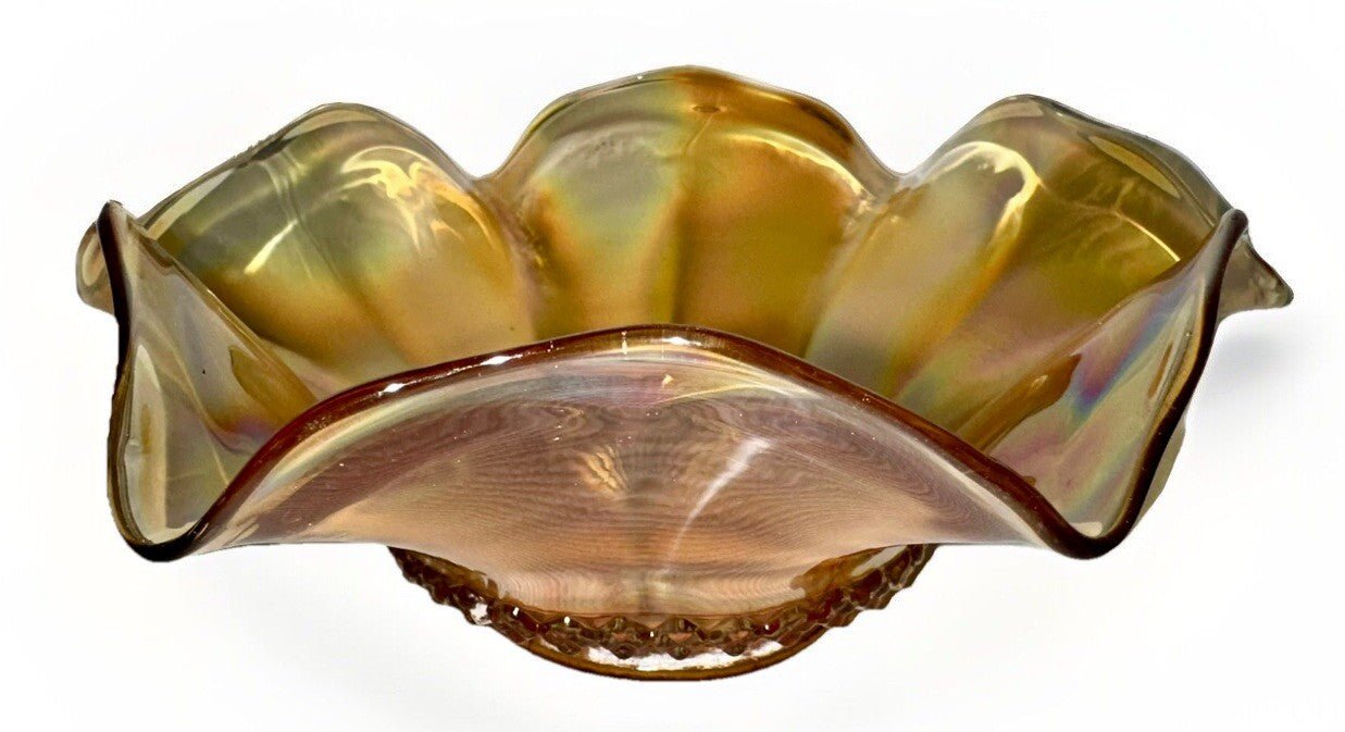 Iridescent Marigold Carnival Glass Bowl Stretch Rim with Accordion Ruffled Base - AntiquesEtceteraIridescent Marigold Carnival Glass Bowl Stretch Rim with Accordion Ruffled BaseUnmarkedAntiquesEtcetera