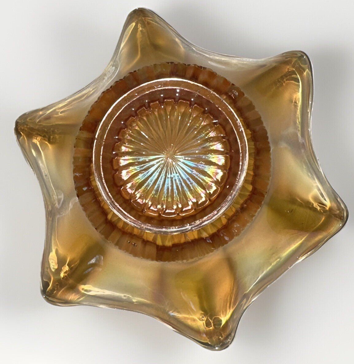 Iridescent Marigold Carnival Glass Bowl Stretch Rim with Accordion Ruffled Base - AntiquesEtceteraIridescent Marigold Carnival Glass Bowl Stretch Rim with Accordion Ruffled BaseUnmarkedAntiquesEtcetera