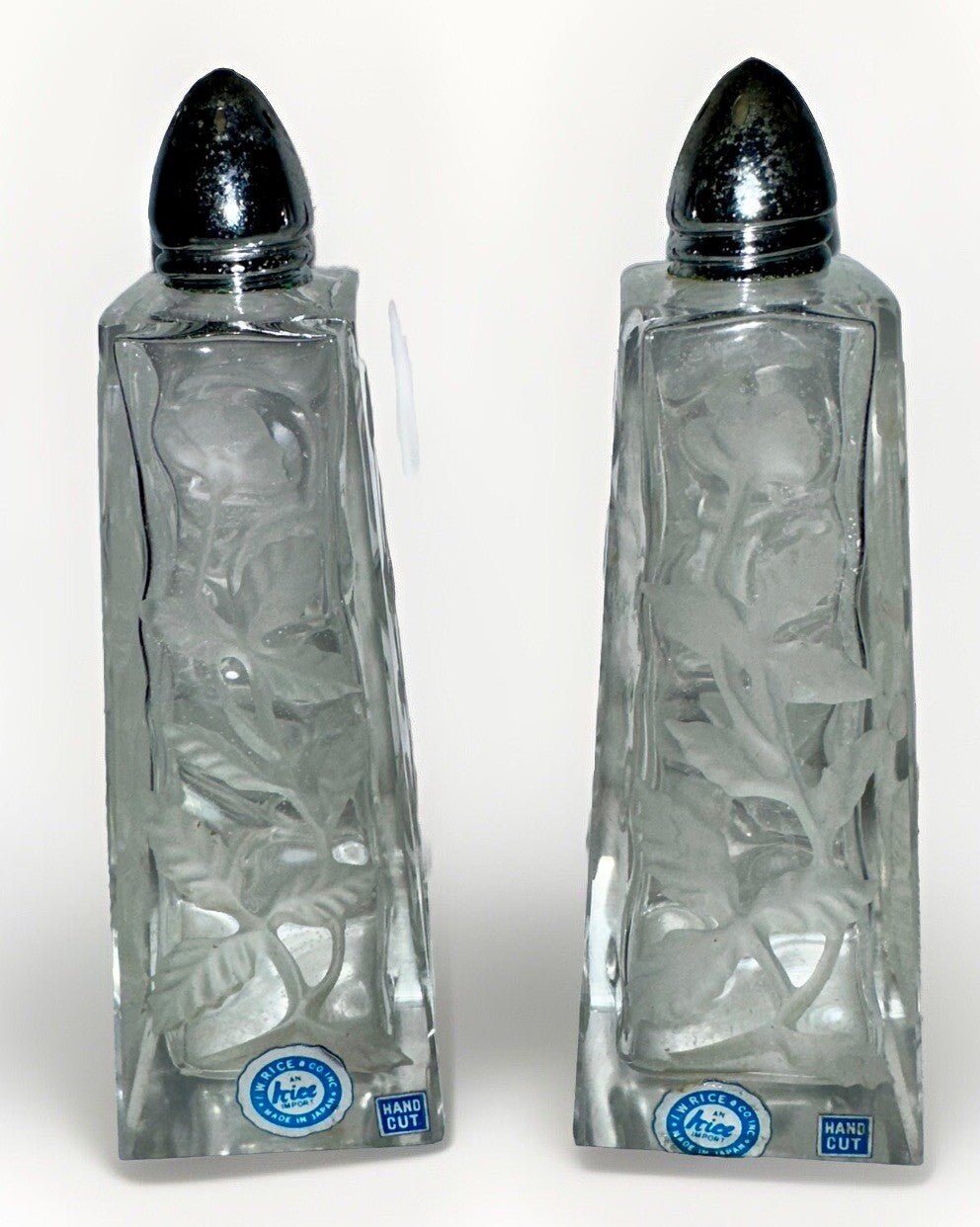 I.W. Rice Hand Cut Glass Salt & Pepper Shaker Set Floral Motif Japan Import Vtg. - AntiquesEtceteraI.W. Rice Hand Cut Glass Salt & Pepper Shaker Set Floral Motif Japan Import Vtg.I RiceAntiquesEtcetera