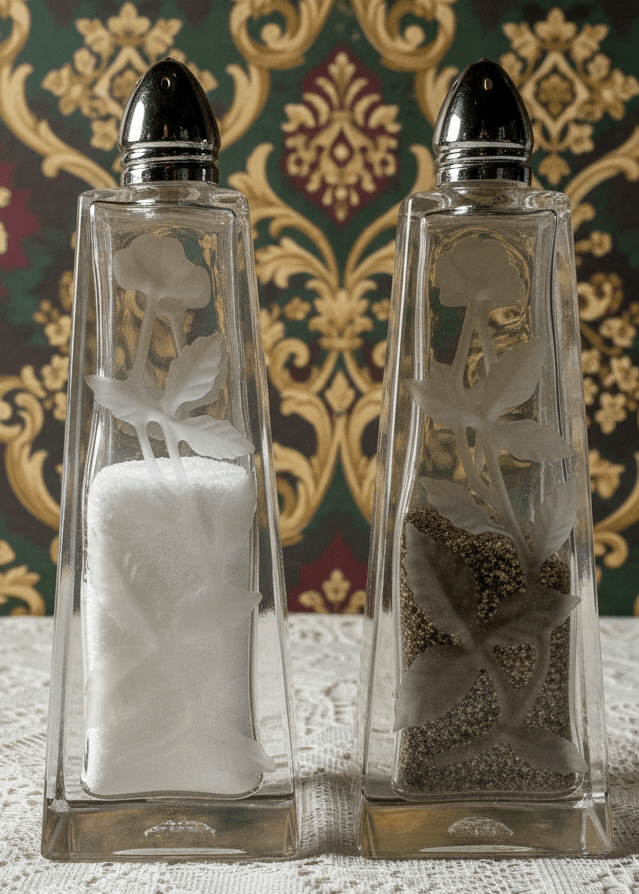 I.W. Rice Hand Cut Glass Salt & Pepper Shaker Set Floral Motif Japan Import Vtg.AntiquesEtcetera