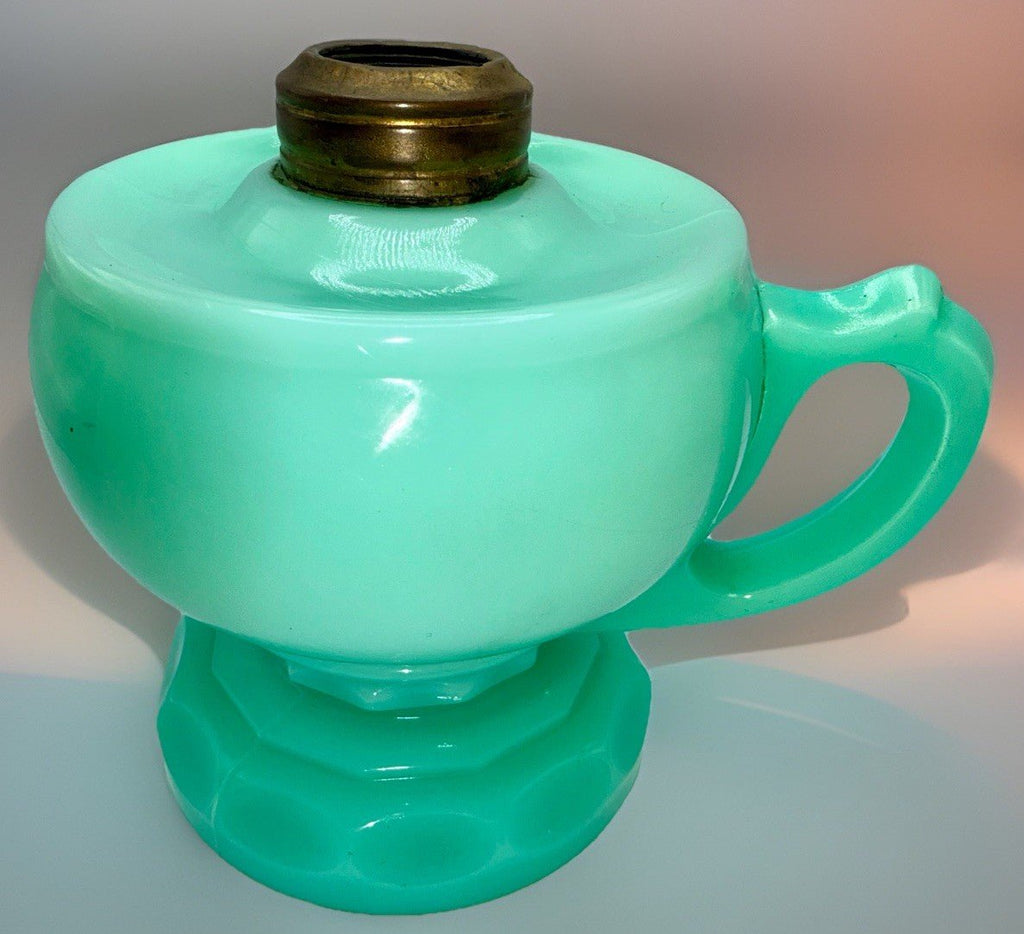 Jade Green Kerosene Oil Heart Lamp (Rare Unpatterned Example) Highly UV Reactive - AntiquesEtceteraJade Green Kerosene Oil Heart Lamp (Rare Unpatterned Example) Highly UV ReactiveAntique LightingAntiquesEtceteraAntiquesEtcetera