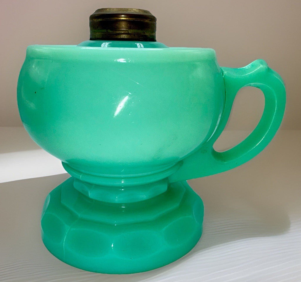 Jade Green Kerosene Oil Heart Lamp (Rare Unpatterned Example) Highly UV Reactive - AntiquesEtceteraJade Green Kerosene Oil Heart Lamp (Rare Unpatterned Example) Highly UV ReactiveAntique LightingAntiquesEtceteraAntiquesEtcetera