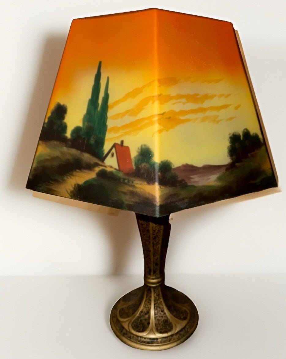 Jefferson Table Lamp with Rare Hexagonal Reverse Painted Shade Arts & Crafts Era - AntiquesEtceteraJefferson Table Lamp with Rare Hexagonal Reverse Painted Shade Arts & Crafts EraAntique LightingAntiquesEtceteraAntiquesEtcetera