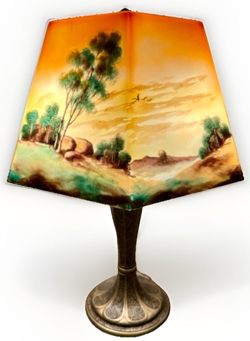 Jefferson Table Lamp with Rare Hexagonal Reverse Painted Shade Arts & Crafts Era - AntiquesEtceteraJefferson Table Lamp with Rare Hexagonal Reverse Painted Shade Arts & Crafts EraAntique LightingAntiquesEtceteraAntiquesEtcetera