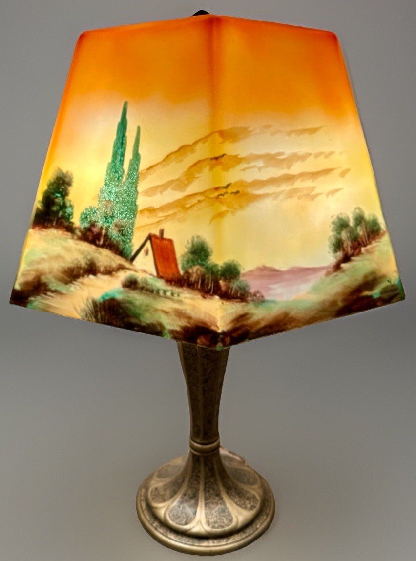 Jefferson Table Lamp with Rare Hexagonal Reverse Painted Shade Arts & Crafts Era - AntiquesEtceteraJefferson Table Lamp with Rare Hexagonal Reverse Painted Shade Arts & Crafts EraAntique LightingAntiquesEtceteraAntiquesEtcetera
